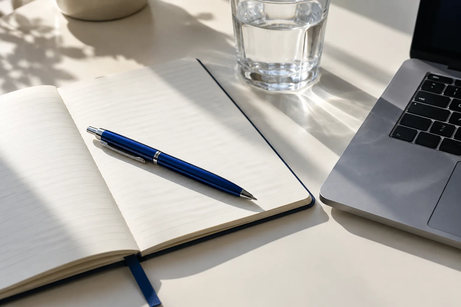 Blauer Stift auf einem offenen Notizbuch neben einem Wasserglas und einem Laptop